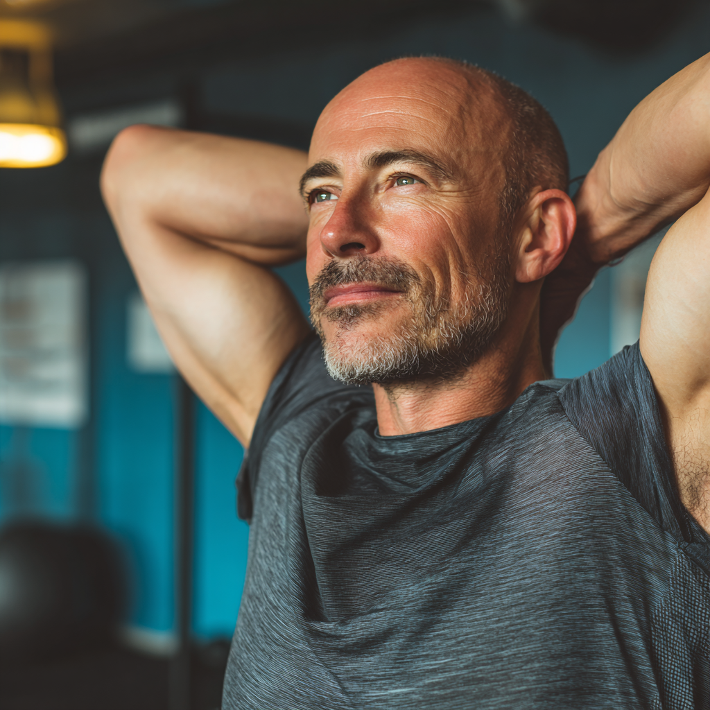 Happy European fitness trainer in his 40s demonstrating exercise form with confident smile in professional gym setting
