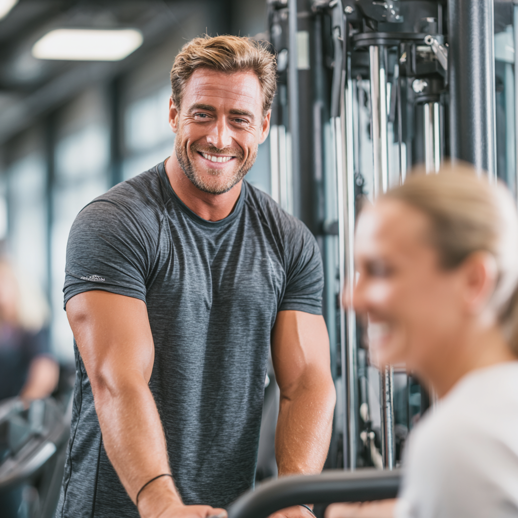 Confident European woman in her 20s showing muscular strength and fitness progress in bright gym environment with genuine smile